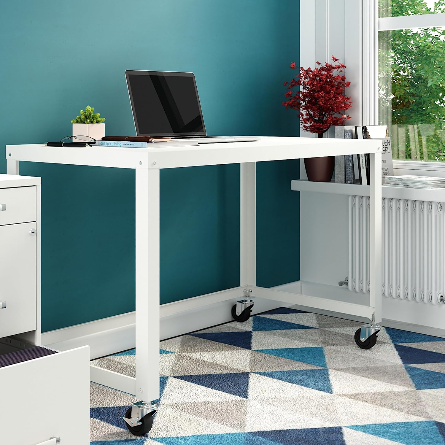 Space Solutions Ready-to-Assemble 48-inch Wide Mobile Metal Desk for Home Office, White4