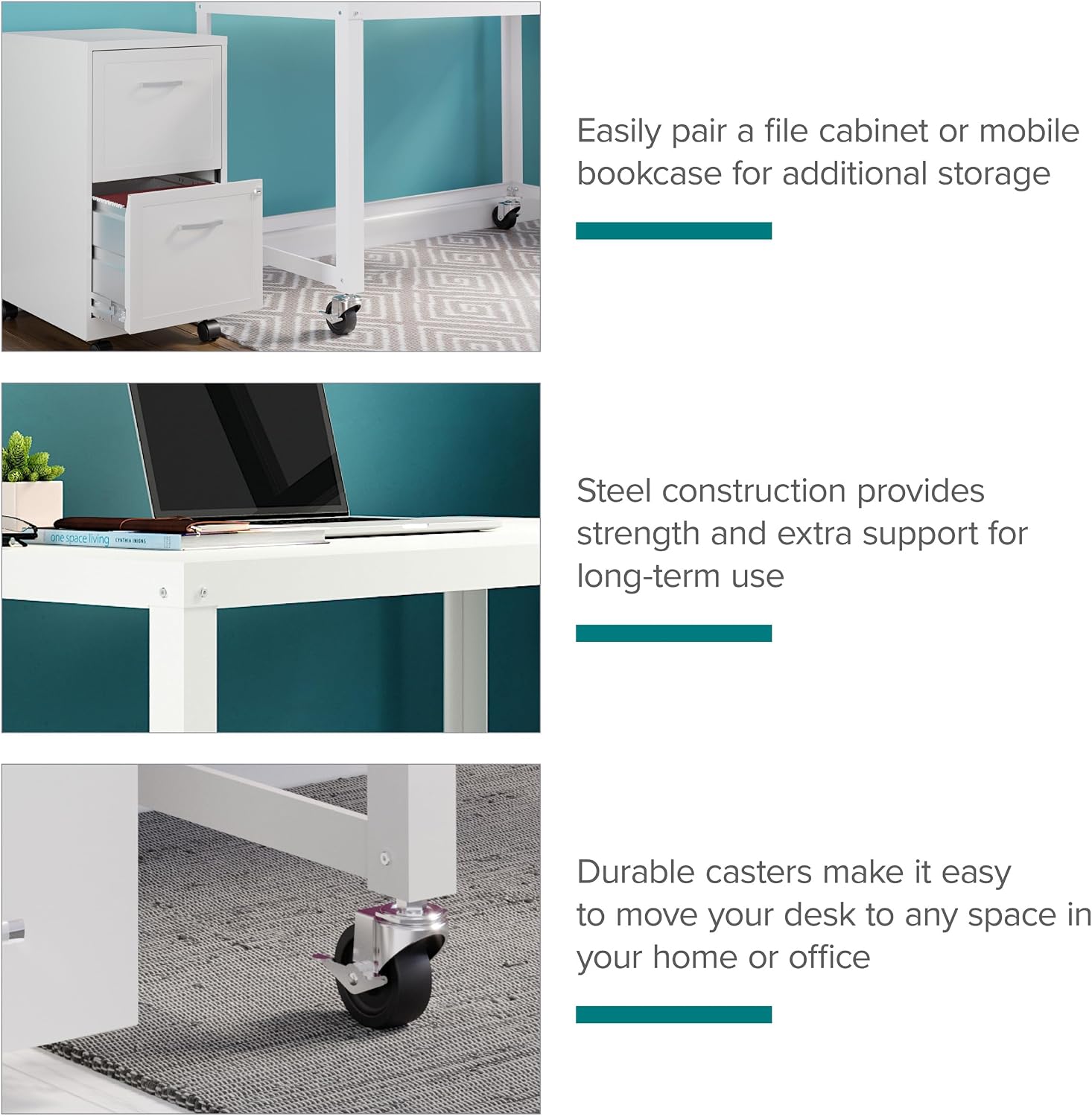 Space Solutions Ready-to-Assemble 48-inch Wide Mobile Metal Desk for Home Office, White4
