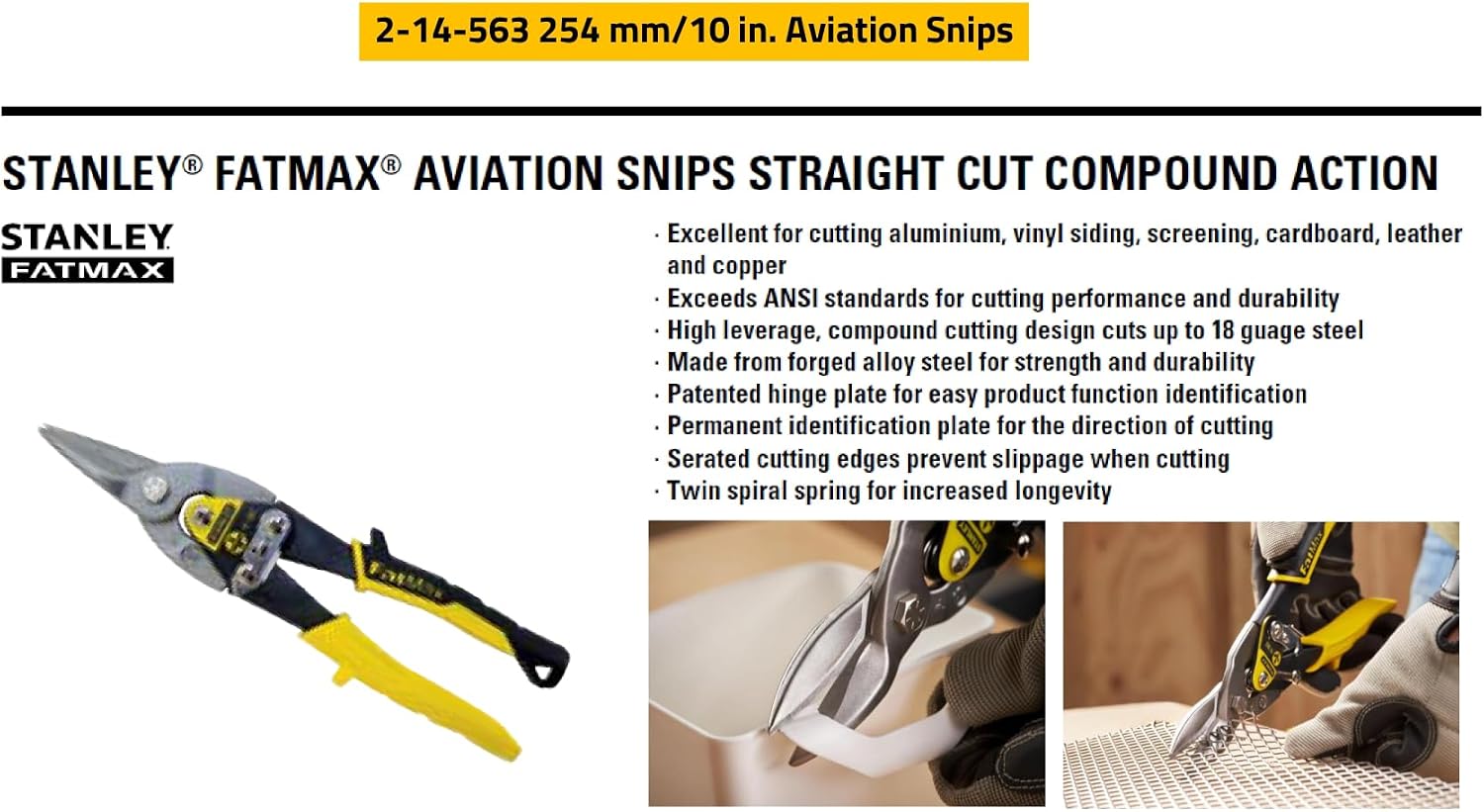 Stanley 2-14-563 "MaxSteel" straight Aviation Snips, 9.84", Black/Yellow | Serrated Cutting Blades, Double Pivot Action, Chrome Molybdenum Steel Construction, One-Handed Operation - Image 5